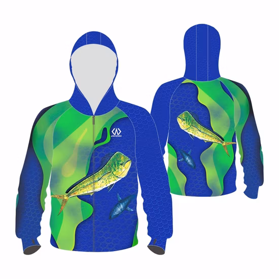 Camisa esportiva personalizada de sublimação com proteção UV de manga comprida e camisa de pesca com capuz para homens Weomen